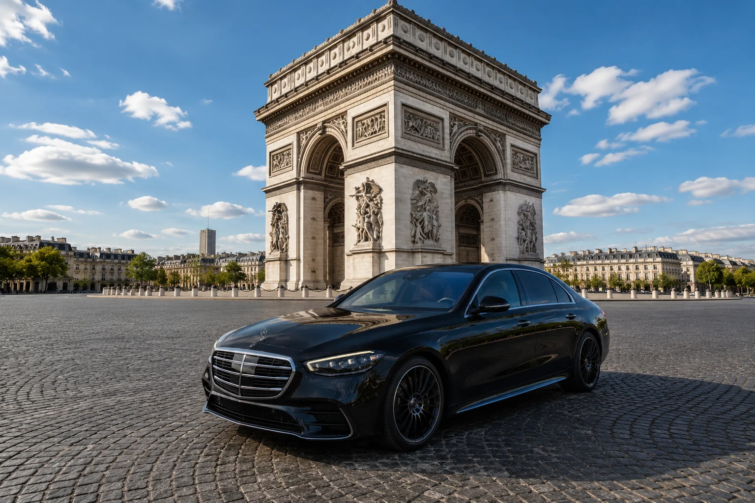 Mercedes Classe S noire devant l'Arc de Triomphe — transfert privé aéroport Paris, B.LIFTED France