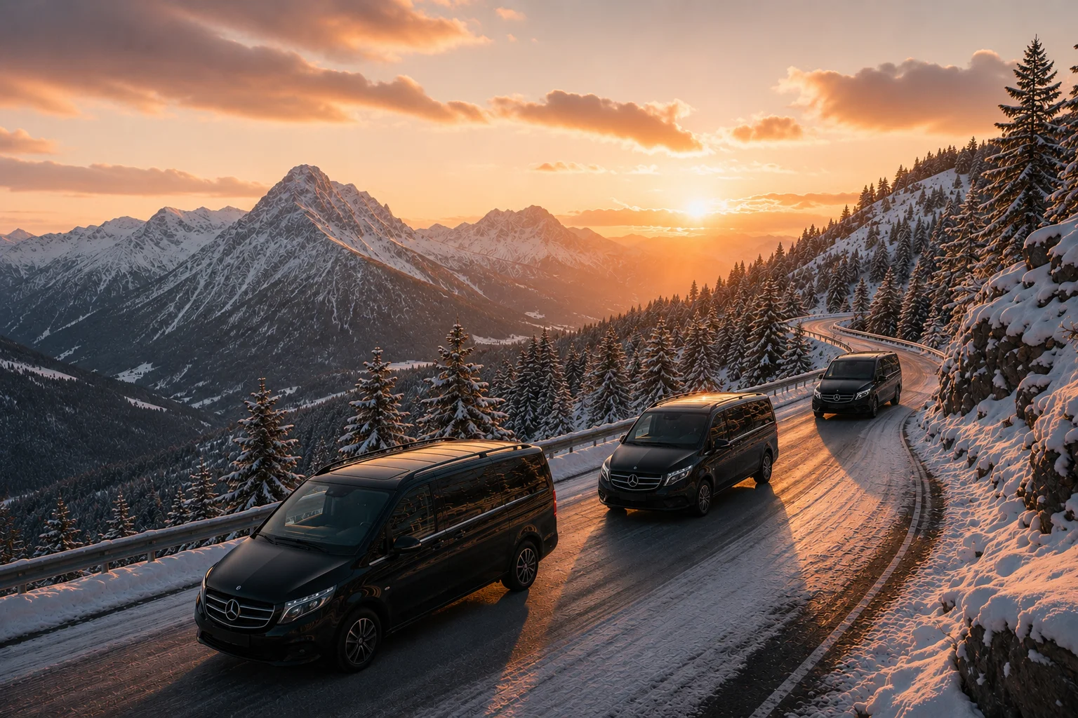 Convoi de Mercedes Classe V sur une route de montagne enneigée au coucher du soleil — navettes invités de mariage, B.LIFTED France